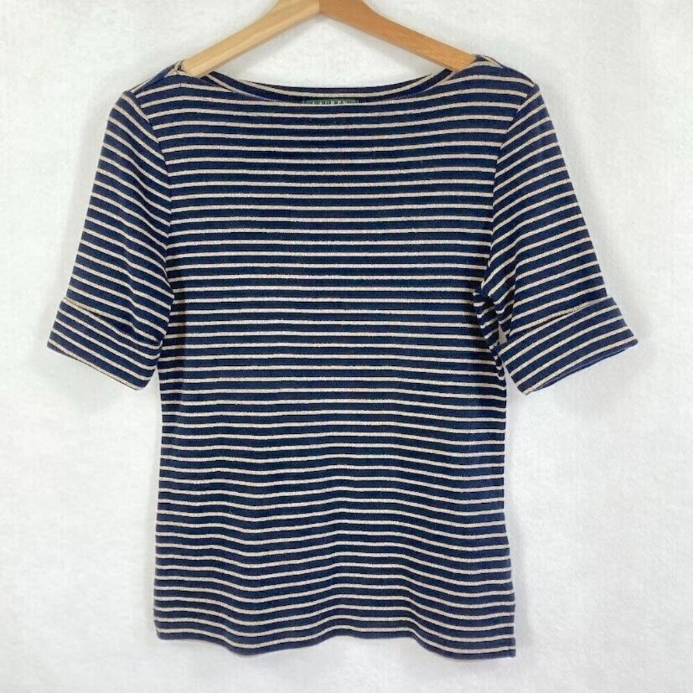 Lauren Ralph Lauren Boatneck Navy Gold Stripe Sparkly Tee Preppy Nautical M